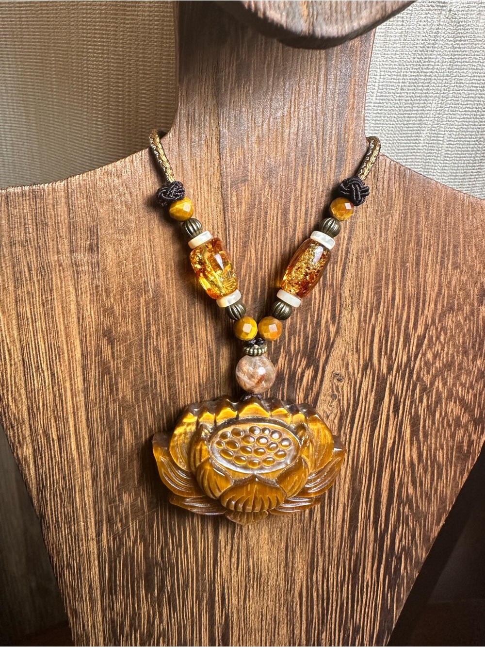 Tiger’s Eye Lotus Pendant Necklace with Golden Rutile and Amber on Rope - Picture 4 of 16